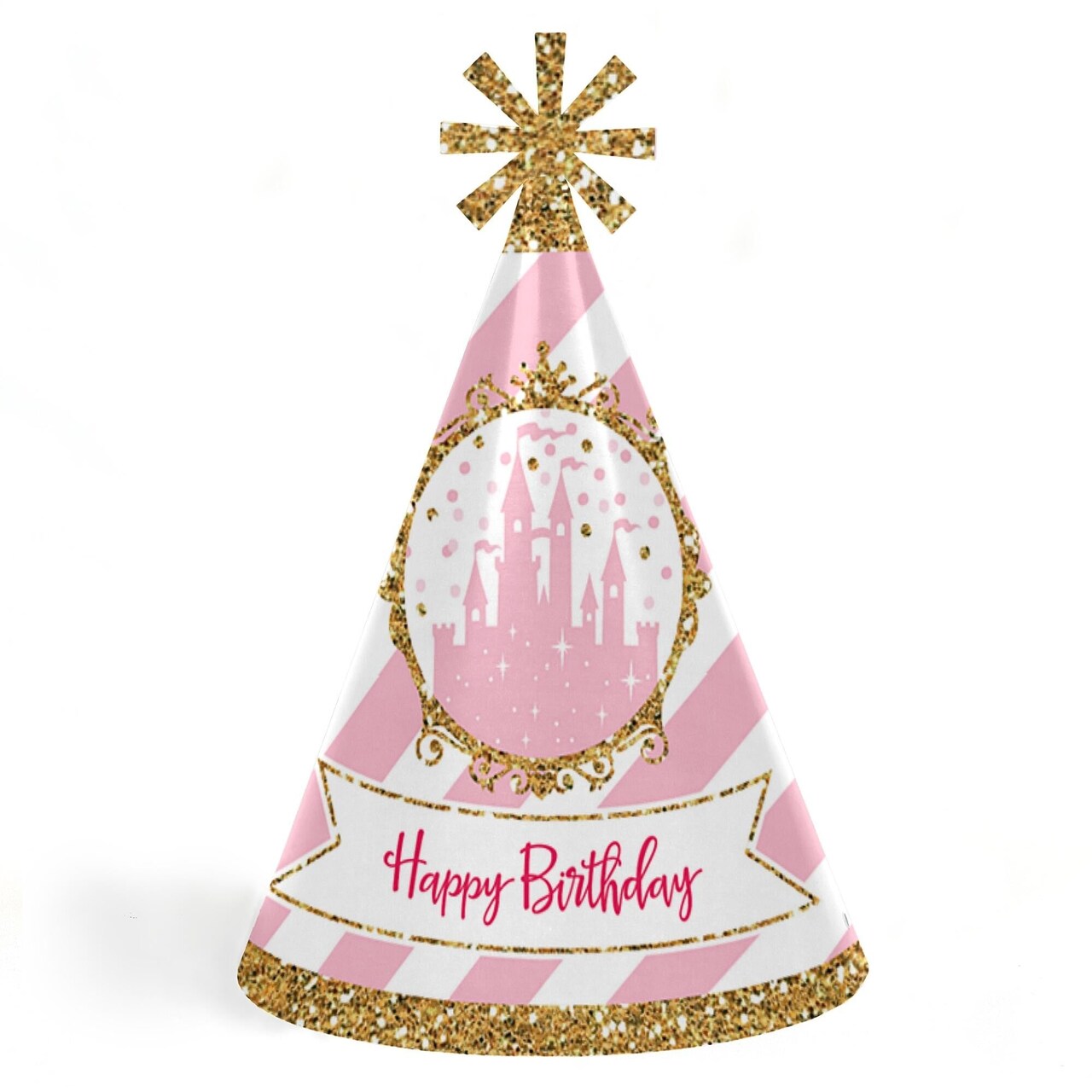 Big Dot of Happiness Little Princess Crown - Cone Pink and Gold Princess Happy Birthday Party Hats for Kids and Adults - Set of 8 (Standard Size)